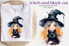 Watercolor witch and cat PNG for sublimation | Halloween PNG Product Image 1