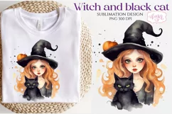 Watercolor witch and cat PNG for sublimation | Halloween PNG Product Image 1