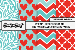 Turquoise and Red Digital Papers, scrapbook papers designs Product Image 1