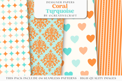 Coral Turquoise Seamless Patterns, turquoise digital papers Product Image 1