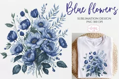 Blue watercolor flowers arrangement PNG for sublimation Product Image 1