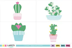Botanical clipart collection with flowering cacti and leafy plants