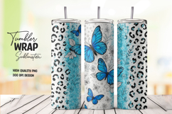 Blue Butterfly Leopard Print Tumbler Wrap Sublimation Design Product Image 1