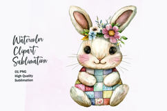 Watercolor cute bunny in patchwork patterned clipart png Product Image 1