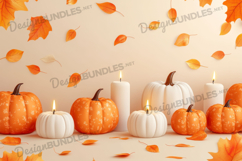 White and Orange Pumpkins with Falling Leaves Autumn Product Image 1