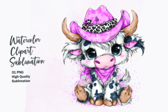 Baby Highland Cow with Bow Watercolor Clipart Sublimation Product Image 1