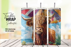 Rainbow Sky and Cute Highland Cow Tumbler Wrap PNG Product Image 1