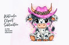 Baby Highland Cow with Bow Watercolor Clipart Sublimation Product Image 1