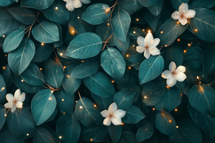 Deep Green Leaves with White Jasmine Flowers Background Product Image 1