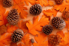 Pinecones with Orange Autumn Leaves Background Product Image 1