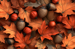 Acorns with Autumn Red and Orange Leaves Background Product Image 1