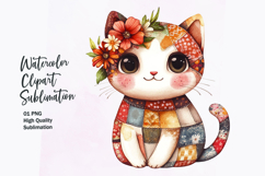 Watercolor cute kawaii cat in patchwork patterned clipart Product Image 1