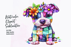 Watercolor cute kawaii dog in patchwork patterned clipart Product Image 1