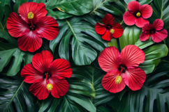 Tropical Red Hibiscus with Leafy Jungle Background Product Image 1