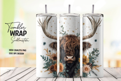 Furry Cow with Flowers 20oz Tumbler Wrap Sublimation PNG Product Image 1