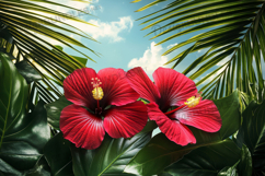 Hibiscus on Palm Leaf Bright Summer Background Product Image 1