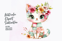 Watercolor cute kawaii cat in patchwork patterned clipart Product Image 1