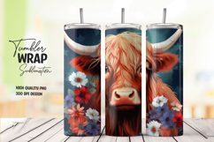 Highland Cow with Blue Scarf and Flowers Tumbler Wrap PNG Product Image 1