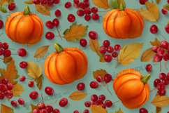 Pumpkins with Red Berries Autumn Pattern Background Product Image 1