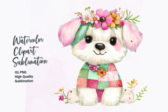 Watercolor cute kawaii dog in patchwork patterned clipart Product Image 1