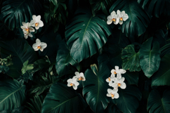 Deep Jungle Green Leaves with White Blossoms Background Product Image 1