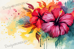 Watercolor hibiscus splash in red and yellow background Product Image 1