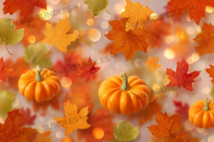 Pumpkins with Red and Yellow Autumn Leaves Background Product Image 1