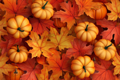 Pumpkins with Yellow and Red Autumn Leaves Background Product Image 1