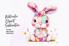 Watercolor cute bunny in patchwork patterned clipart png Product Image 1