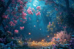 Magical Night Garden with Blossoming Trees Background Product Image 1