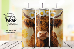 Rustic Highland Cow with Yellow Flowers Tumbler Wrap PNG Product Image 1