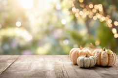 Pumpkins with Fairy Lights Wooden Table Background Product Image 1