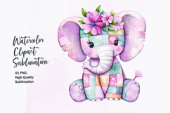 Watercolor cute kawaii elephant patchwork patterned clipart Product Image 1
