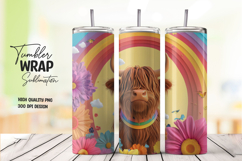 Highland Cow with Rainbow and Pink Flowers Tumbler Wrap Product Image 1