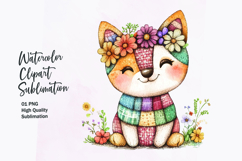 Watercolor cute kawaii dog in patchwork patterned clipart Product Image 1