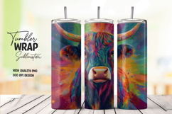 Rainbow Highland Cow with Splash Colors Tumbler Wrap PNG Product Image 1