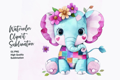 Watercolor cute kawaii elephant patchwork patterned clipart Product Image 1