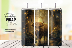 Highland Cow in Golden Forest Glow Tumbler Wrap PNG Product Image 1
