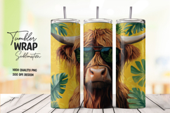Cool Highland Cow with Sunglasses Tropical Leaf Tumbler Wrap Product Image 1