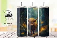 Enchanted Night Highland Cow with Fireflies Tumbler Wrap PNG Product Image 1