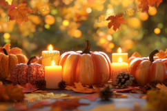 Pumpkins and Candles in Autumn Golden Light Background Product Image 1