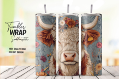White Highland Cow Floral Crown Tumbler Wrap Sublimation PNG Product Image 1