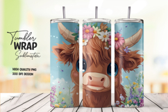 Highland Cow with Daisy Flower Tumbler Wrap Sublimation PNG Product Image 1
