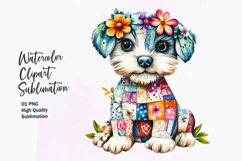 Watercolor cute kawaii dog in patchwork patterned clipart Product Image 1