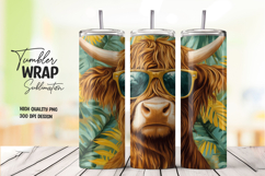 Sunglasses Highland Cow in Tropical Leaves Tumbler Wrap PNG Product Image 1