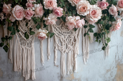 Macrame floral wall decor with hanging blush rose background Product Image 1