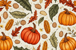 Pumpkins with Maple Leaves Autumn Harvest Background Product Image 1