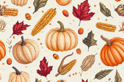 Pumpkins with Leaves and Corn Autumn Background Product Image 1