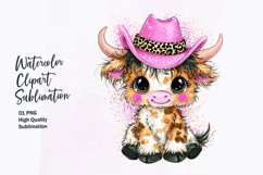 Baby Highland Cow with Bow Watercolor Clipart Sublimation Product Image 1
