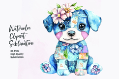 Watercolor cute kawaii dog in patchwork patterned clipart Product Image 1